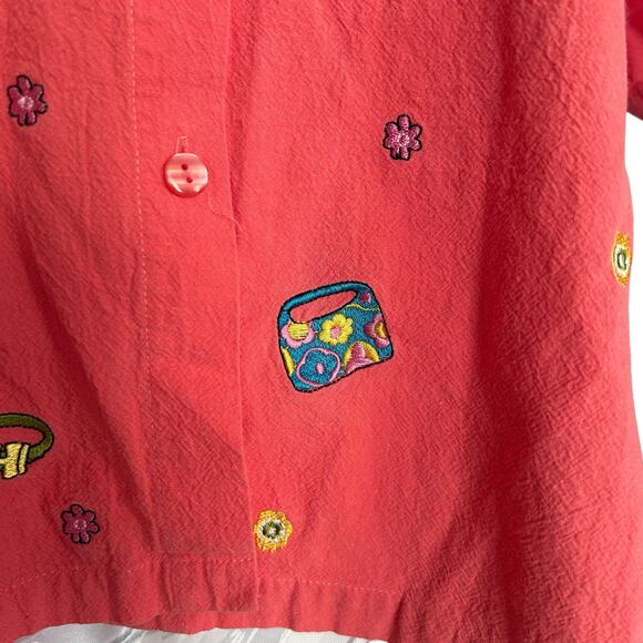 Vintage Coral Pink Embroidered Button-Up Shirt Whimsical Cotton Top Sz Large - Picture 6 of 14